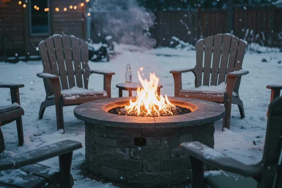 Image of a burning gas fire pit on a snowy winter day.