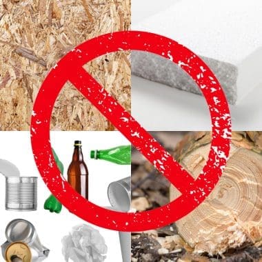 Image of particle board, styrofoam, trash and pine wood for a blog post covering what not to burn in a fire pit.