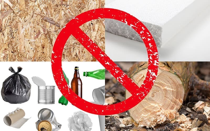 Image of particle board, styrofoam, trash and pine wood for a blog post covering what not to burn in a fire pit.