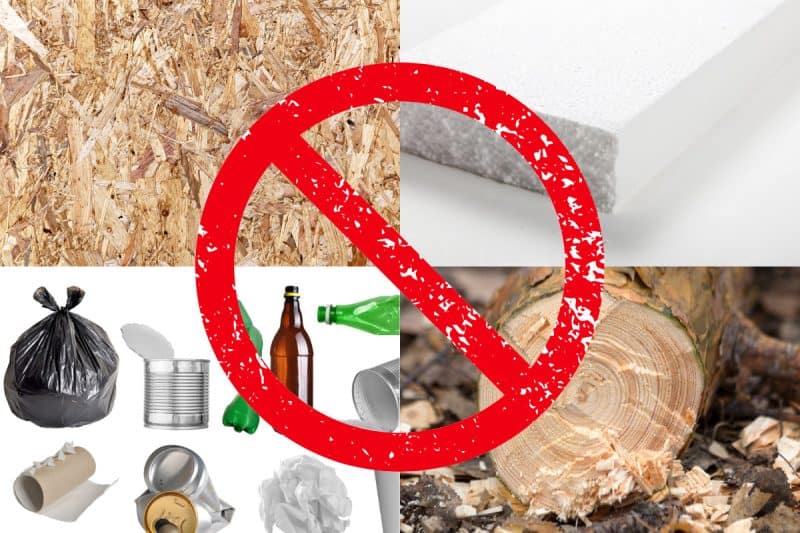 Image of particle board, styrofoam, trash and pine wood for a blog post covering what not to burn in a fire pit.