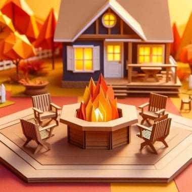 Image of an origami style representation of a backyard fire pit area for an article covering fire pit seating ideas.