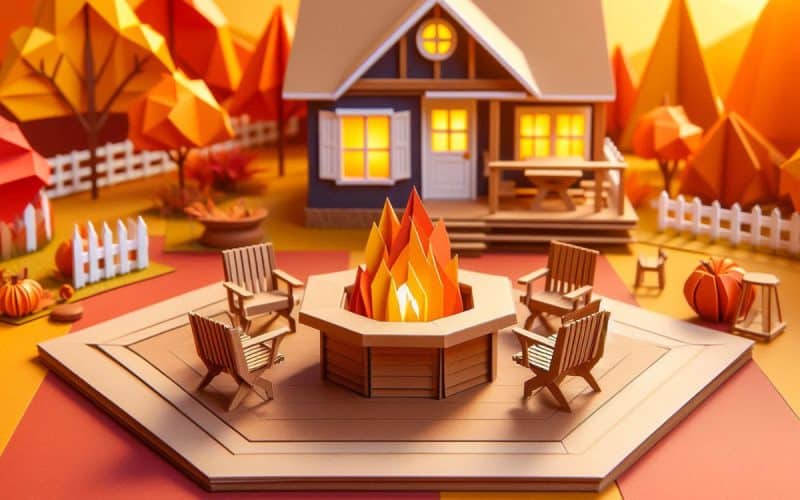 Image of an origami style representation of a backyard fire pit area for an article covering fire pit seating ideas.