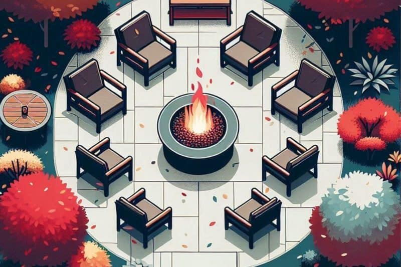 Image in pixel style of a gas fire pit surrounded by chairs for a blog post asking the question, "do gas fire pits provide heat?"