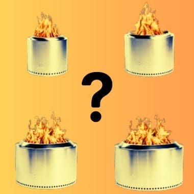 Image of a all four Solo Stove fire pit models with a question mark between them for a blog post discussing what size Solo Stove is best.