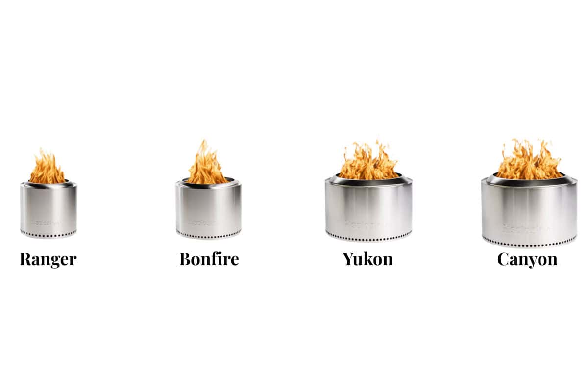Flame burners with different sizes labeled Ranger, Bonfire, Yukon, and Canyon for outdoor heating and camping.