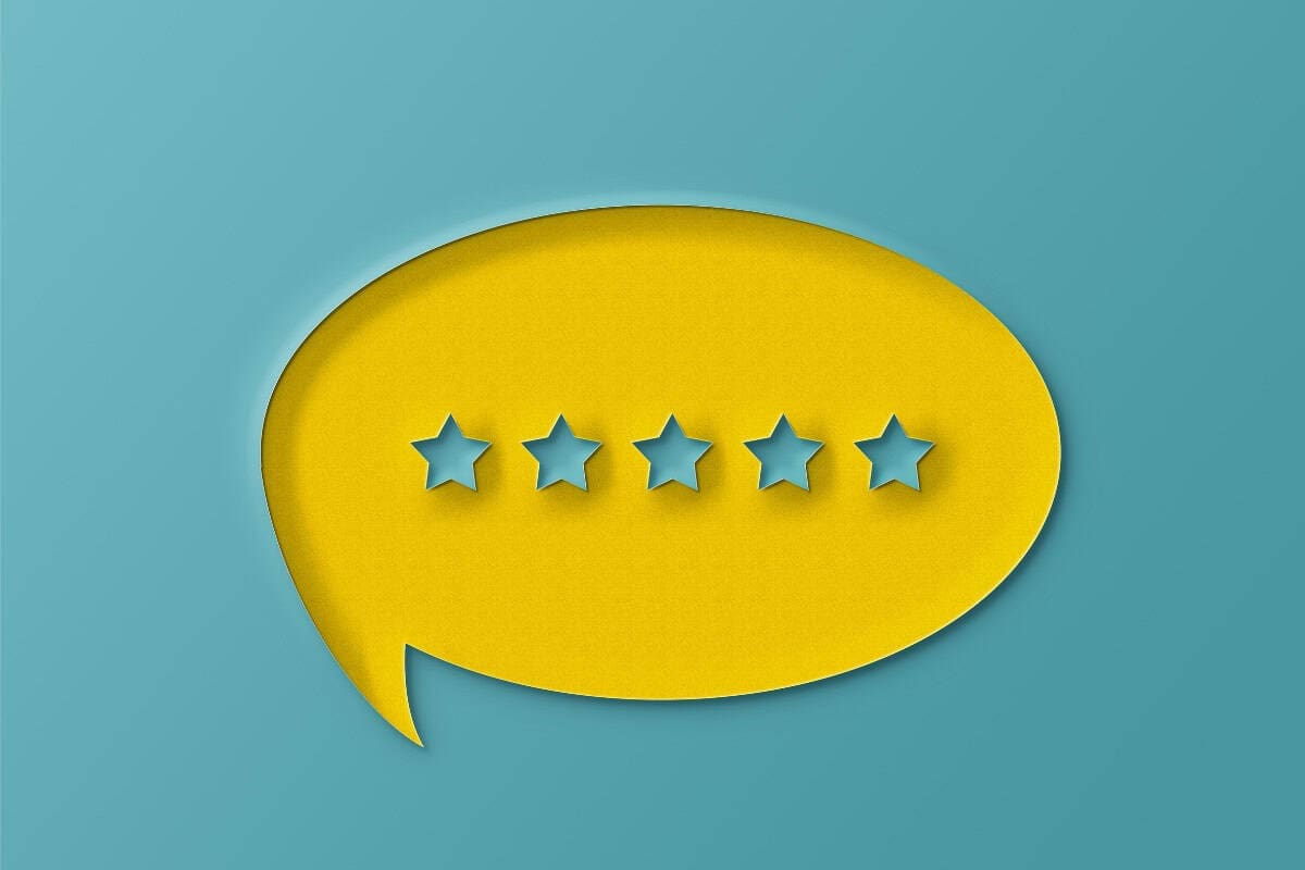 Five-star review speech bubble in yellow with blue stars on a blue background, representing customer satisfaction for Backyard Toasty outdoor heating products.