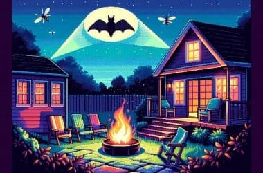 Image of a fire pit with an aerial signal of a bat for a blog post about using a bat how to keep mosquitoes away.