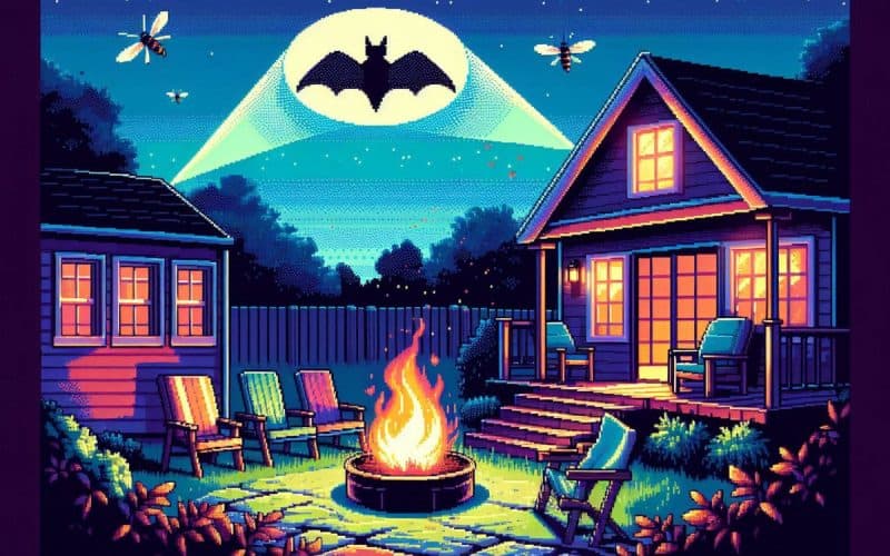 Image of a fire pit with an aerial signal of a bat for a blog post about using a bat how to keep mosquitoes away.