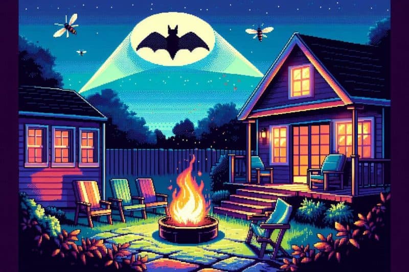 Image of a fire pit with an aerial signal of a bat for a blog post about using a bat how to keep mosquitoes away.