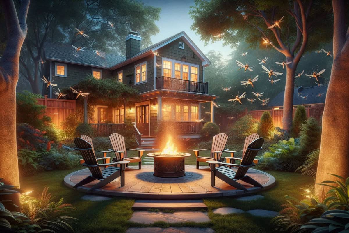 Fire pit with backyard seating and lit house in the background.