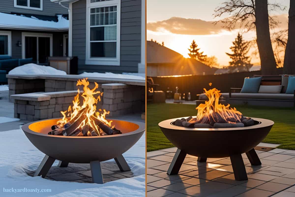 Image of two fire pits, one in winter and one in summer.