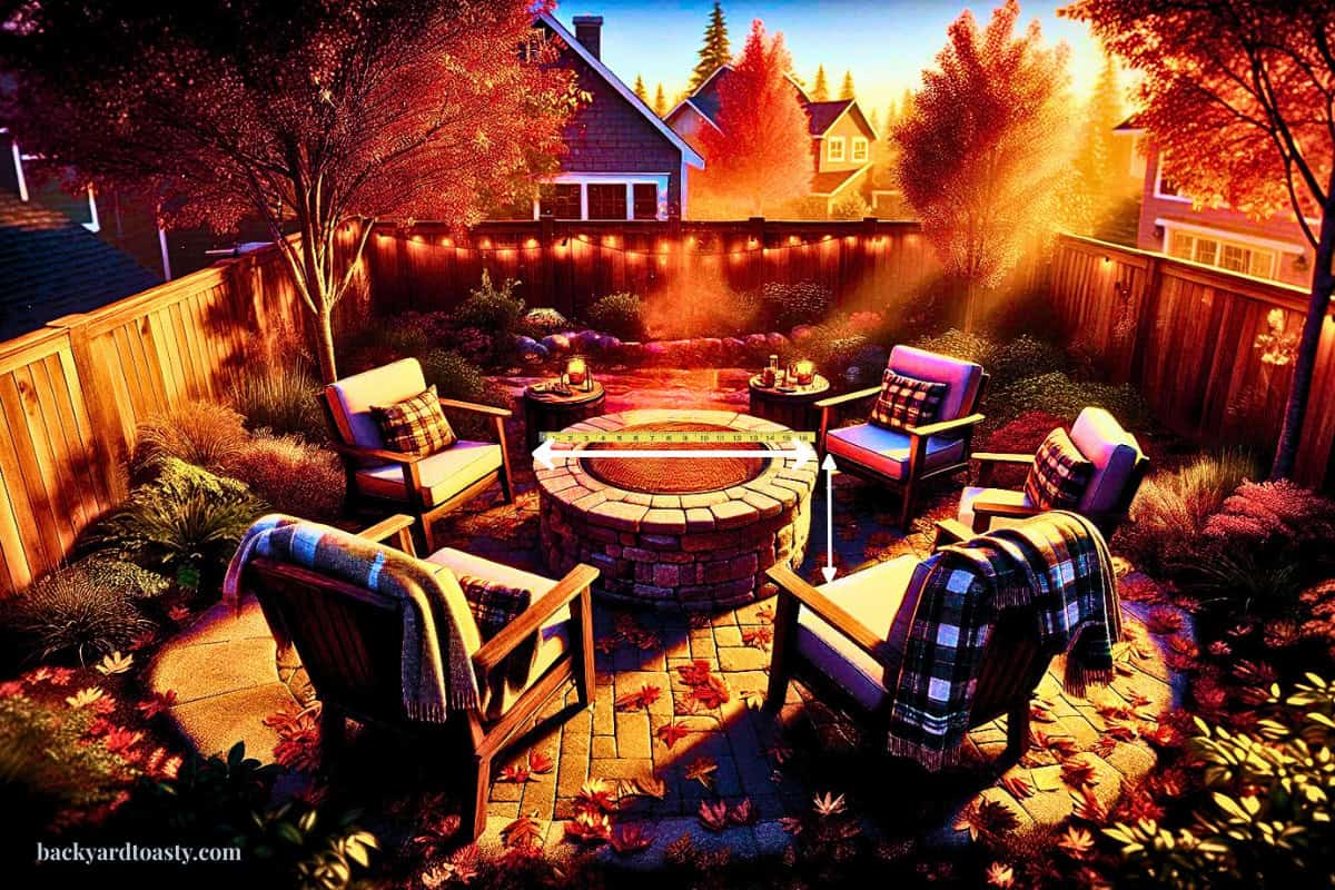 Image of a fall backyard fire pit scene with chairs and fallen leaves.