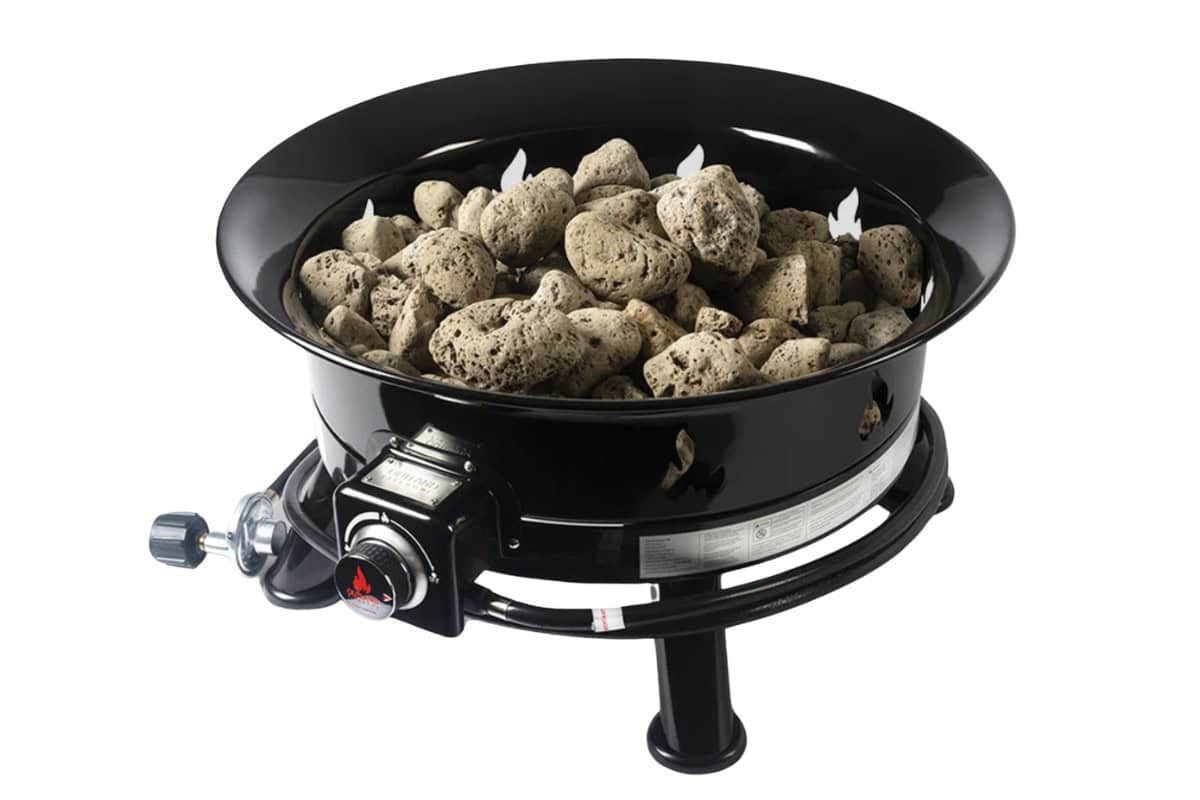 outland-living-mega-fire-pit-review-portability Imagee of a portable gas fire pit with a white background for a Outland Living Mega review.