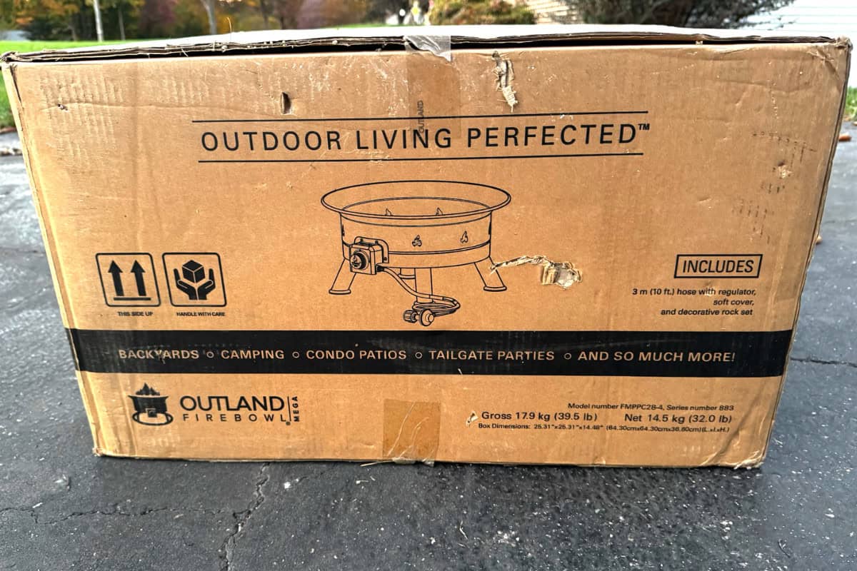 outland-living-mega-fire-pit-review-setup Image of the box of a new gas fire pit for a Outland Living Mega review.