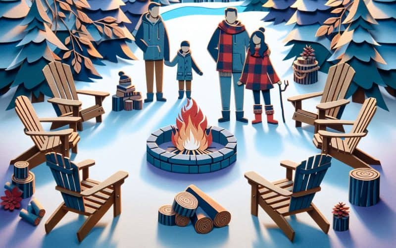 Image of a sketch of people around a burning fire pit in winter for Backyard Toasty's accessibility statement.
