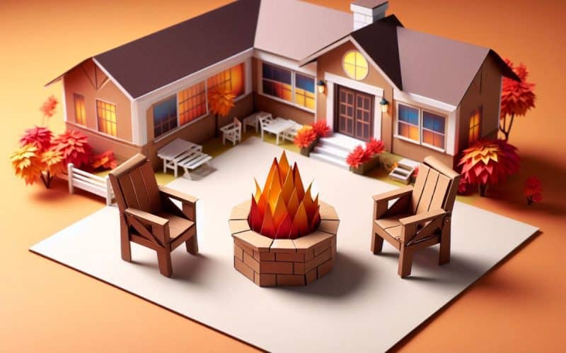 Image a papercut origami rendition of a home's backyard fire pit for a Backyard Toasty's calculator tool page.