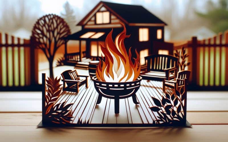Image of a papercut design with a burning backyard fire pit on a patio for a DMCA policy page.