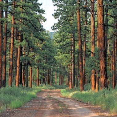 Image of a forest road flanked by pine trees for a Ponderosa Pine firewood profile.