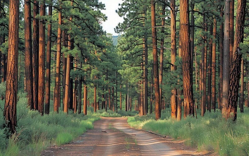 Image of a forest road flanked by pine trees for a Ponderosa Pine firewood profile.