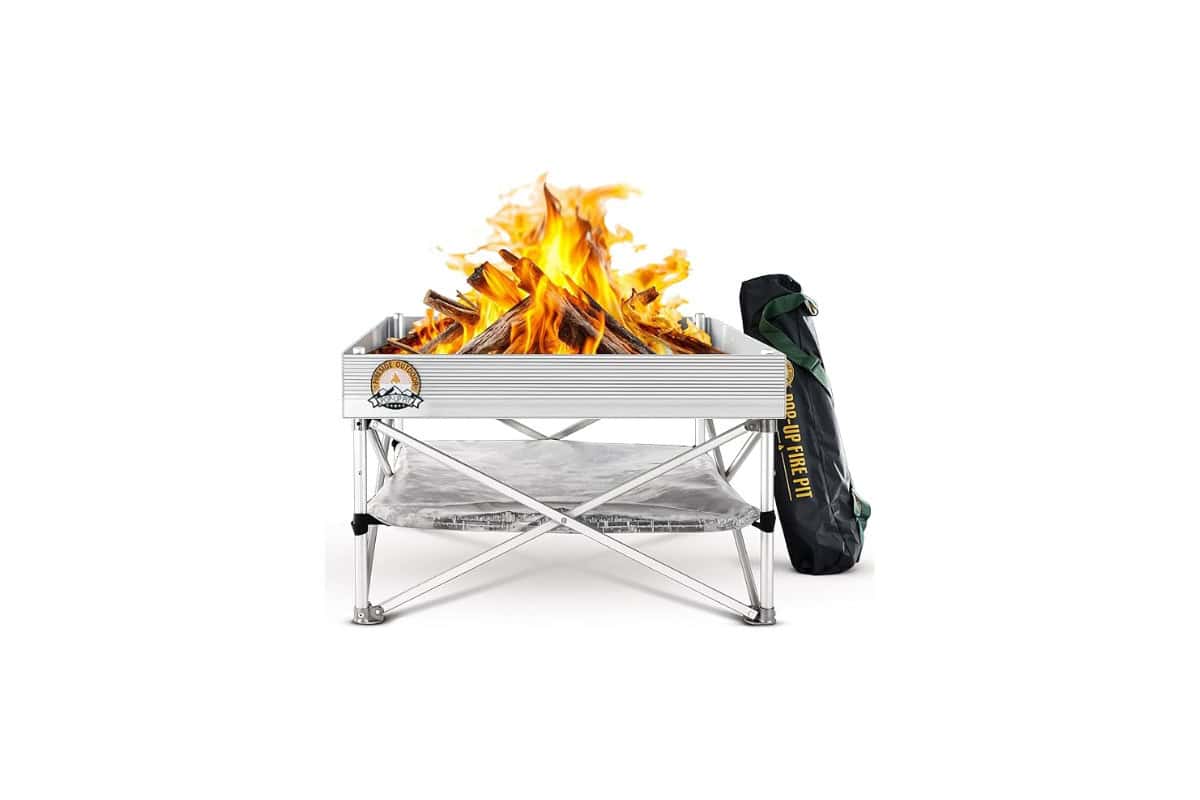 Portable outdoor fire pit with wood burning flames and a safety cover, ideal for backyard gatherings and camping.