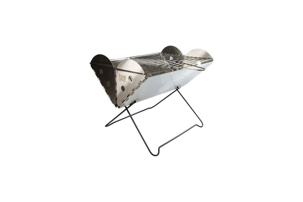 Stainless steel portable BBQ grill with foldable legs, perfect for outdoor grilling and backyard cooking adventures. Compact and lightweight for easy transport and storage.