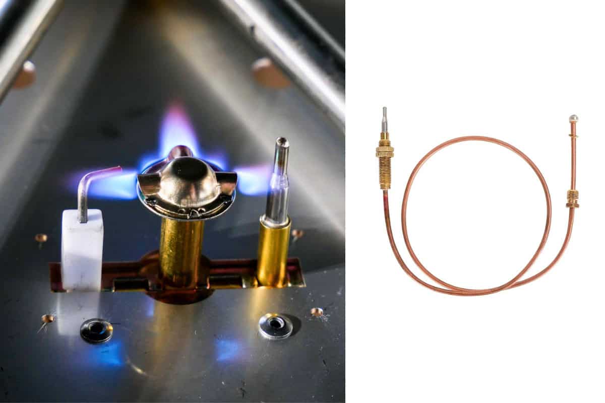 Images of a gas fire pit burner on the left and a thermocouple on the right for explaining why a gas fire pit keeps going out.