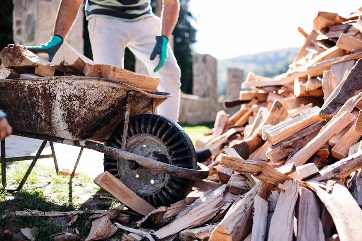Image of a man using a wheelbarrow to move firewood.