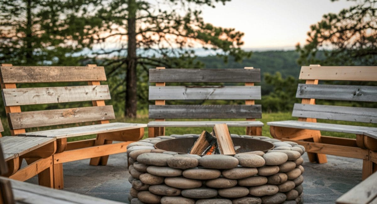 Image of a stone fire pit round and wood benches for an article covering