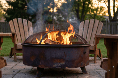 Image of a wood-burning fire pit in a backyard surrounded by chairs for a post covering fire pit safety features.