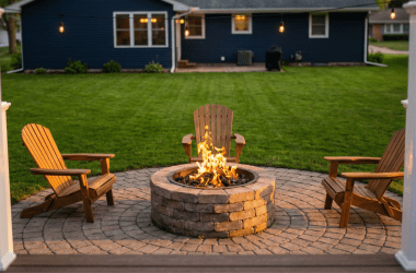 Image of a family's fire pit area for a blog post covering how fae should a fire pit be from the house.