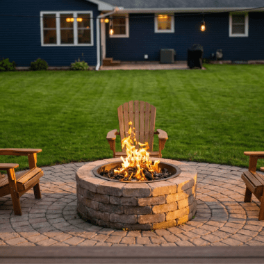Image of a family's fire pit area for a blog post covering how fae should a fire pit be from the house.