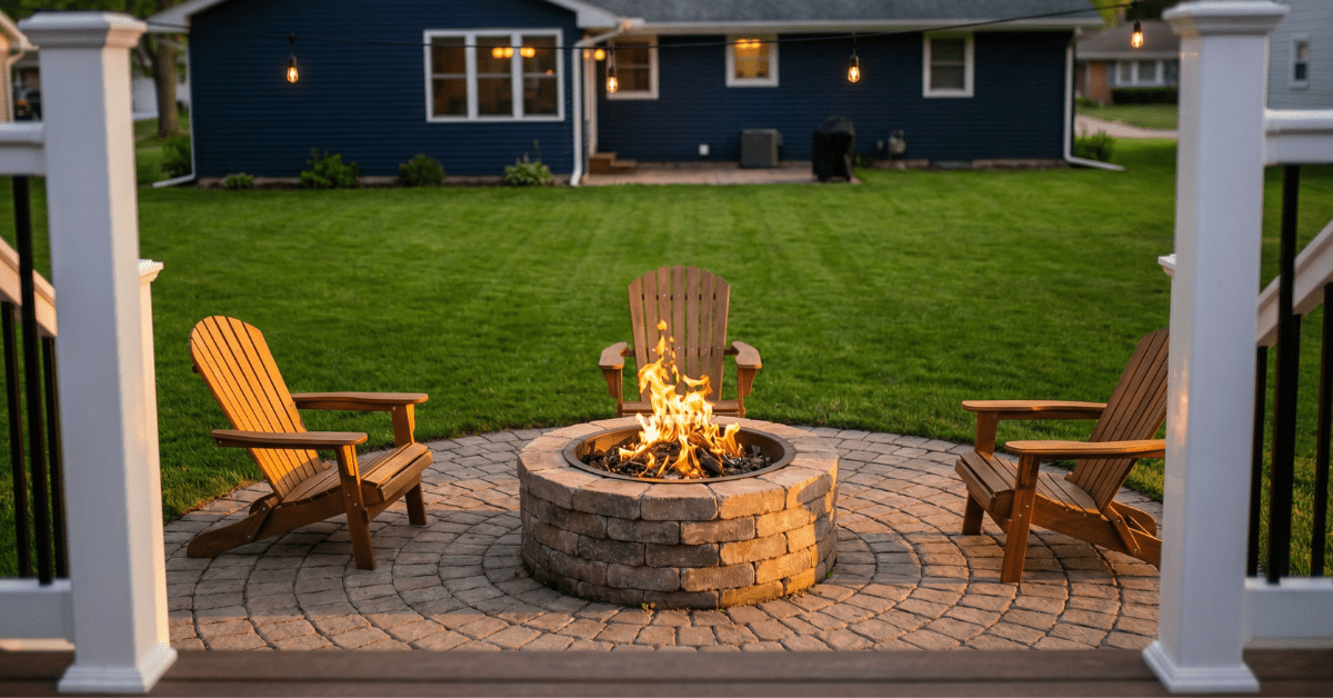 Image of a family's fire pit area for a blog post covering how fae should a fire pit be from the house.