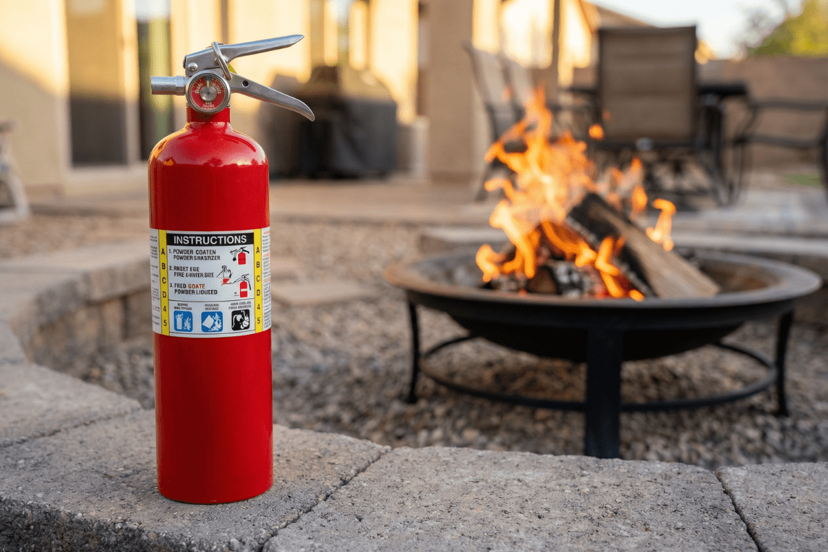 Red ABC-rated fire extinguisher sitting on a paver stone patio near a backyard fire pit