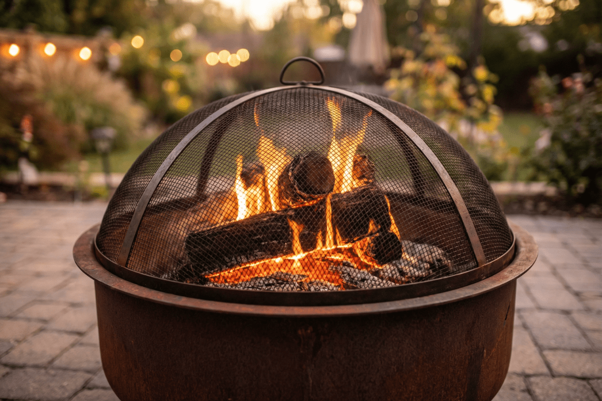 Close-up of a wood-burning fire pit with a metal mesh spark screen fitted on top containing embers