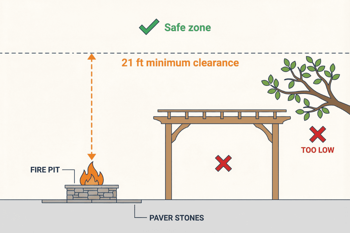 Side-profile diagram showing a fire pit requiring 21 feet of vertical clearance, with a pergola and tree branch marked as too low with red X indicators